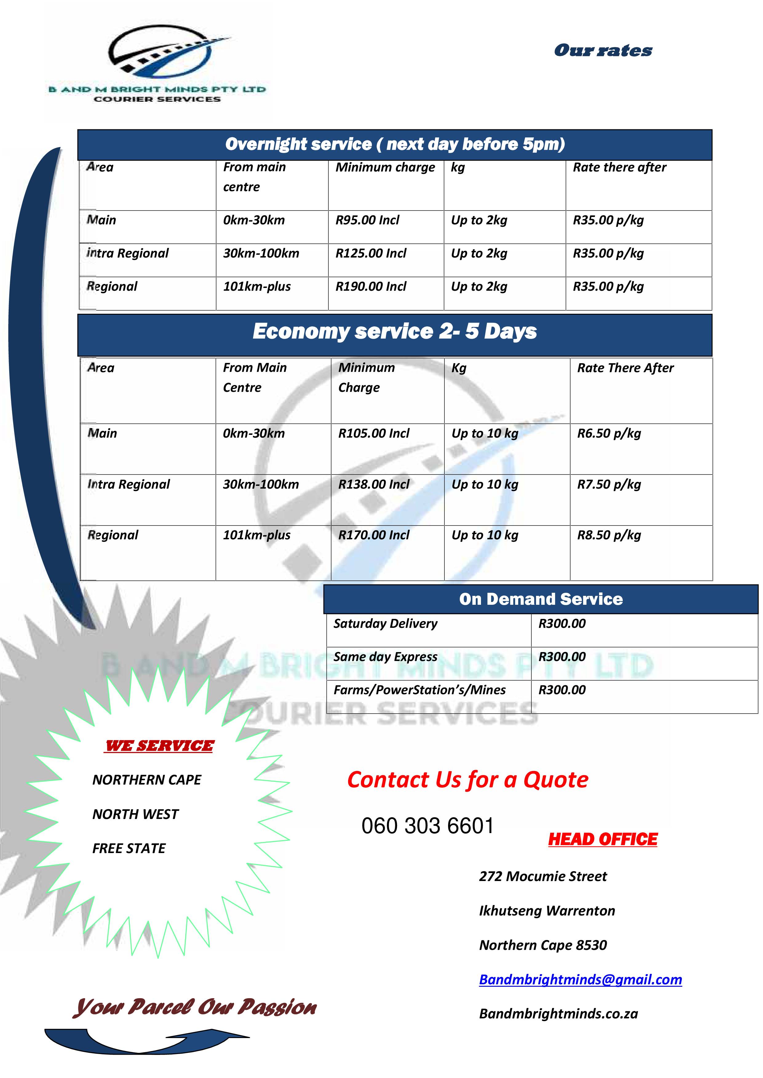 Courier services price list 